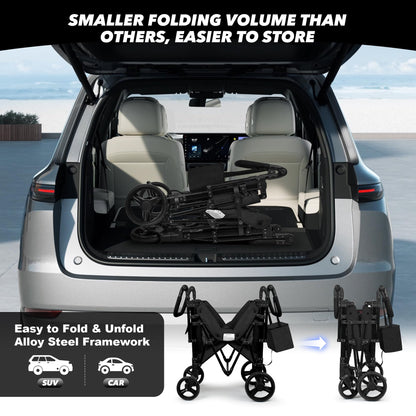 VOOI Stroller Wagon 4 Seater, Wagon for Kids, Collapsible W4 Stroller with Seats with 5-Point Harnesses, Easy Access Zipper Door, and Removable Sun Canopy (Black, W4-Large)