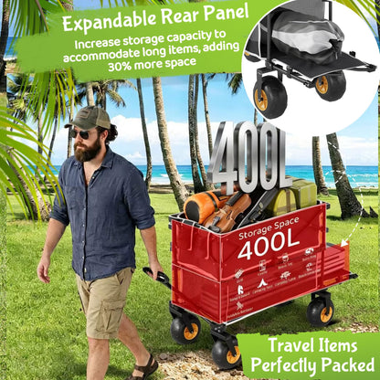 Beach Wagon with Big Wheels for Sand,Heavy Duty Double Decker Wagon with Extender,400L Extra Large Foldable Wagon Cart with 9" All Terrain Inflatable Tires,for Beach Camping Garden and Sports, Black