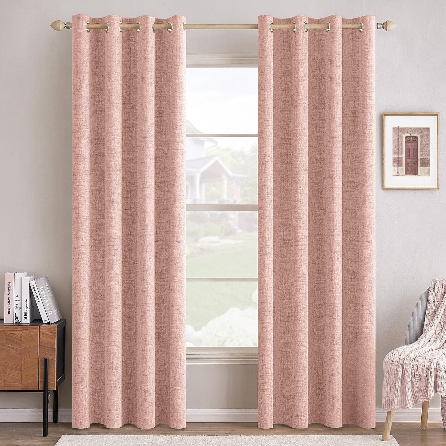 MIULEE 100% Blackout Linen Curtains - Thermal Insulated Blush Pink Grommet Drapes | 52 x 96 Inch (2 Panels)
