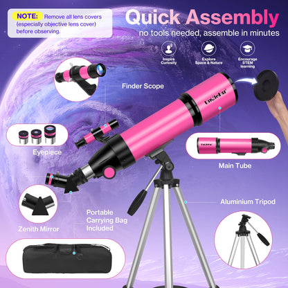 Telescope for Adults High Powered, 80mm Aperture 600mm Telescopes for Astronomy Adults&Kids&Beginners, Portable Travel Refractor Telescope with Tripod&Phone Adapter&Bag for Ground&Moon Viewing, Pink