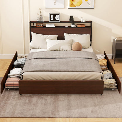Zevemomo Full Size Bed Frame with 4 Storage Drawers, Full Platform Bed Frames with 2 Tier Storage Headboard, Charging Station, Adjustable LED Light, Noise-Free, No Box Spring Required, Reddish Brown