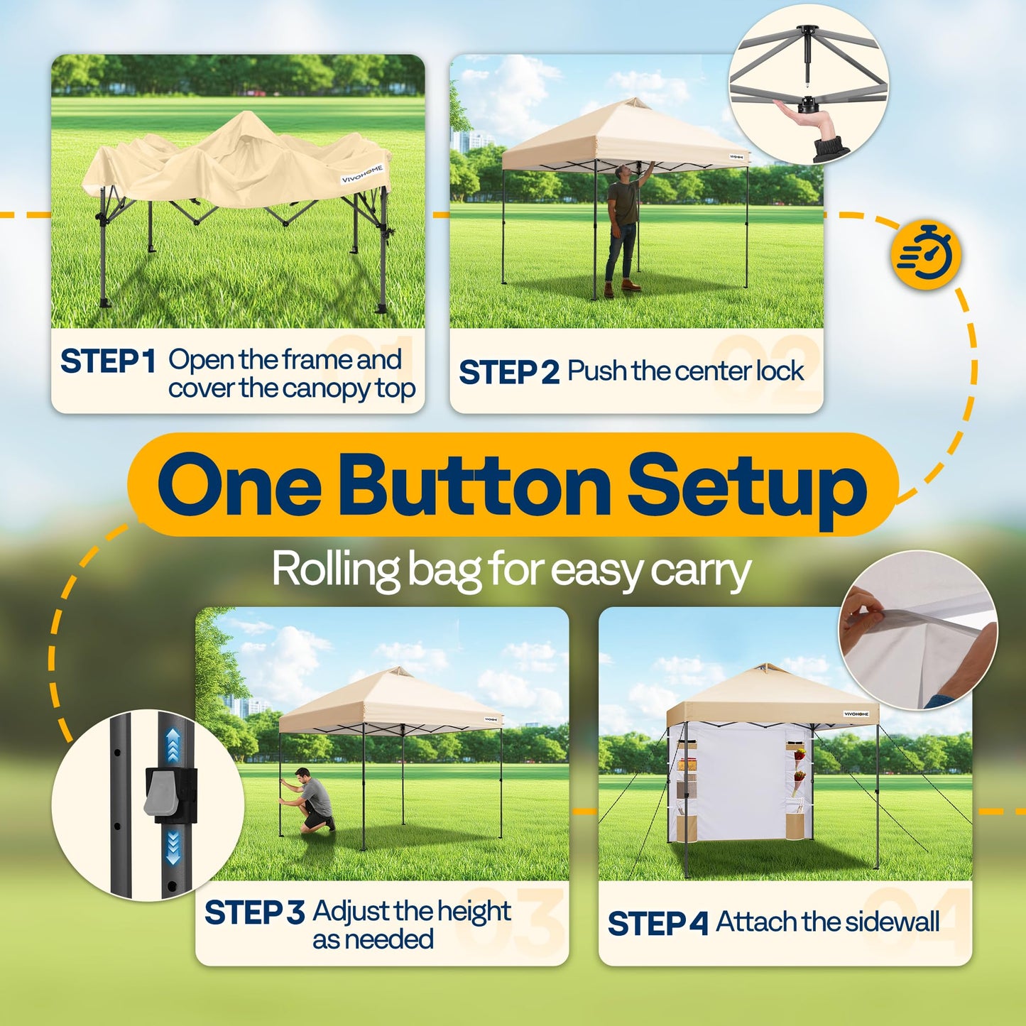 VIVOHOME 10x10ft Pop Up Canopy Tent with Sidewall and 6 Pockets, One Push Setup Outdoor Portable Shelter Tent Heavy Duty with Wheel Carry Bag and 4 Sandbags, Beige