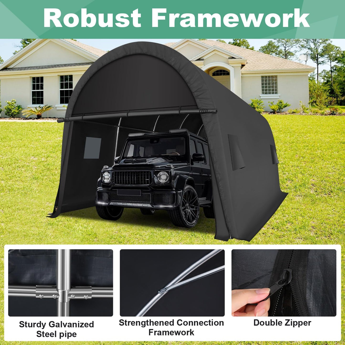 COBIZI Carport 10x15 Heavy Duty Portable Garage Storage Shelter Shed with All-Steel Metal Frame & Vents, Anti-Snow Waterproof Round Style Outdoor Storage Shed for Car, Truck, Boat, Patio Furniture