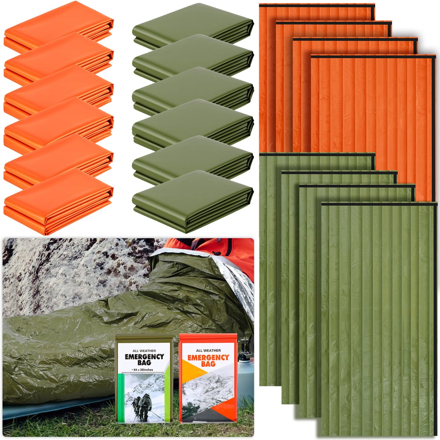 Preboun 70 Pcs Emergency Sleeping Bag Bulk Portable Lightweight Survival Bag Thermal Bivy Sack Emergency Blanket Survival Gear for Outdoor Camping Hiking Homeless People Shelter (Orange,Green)