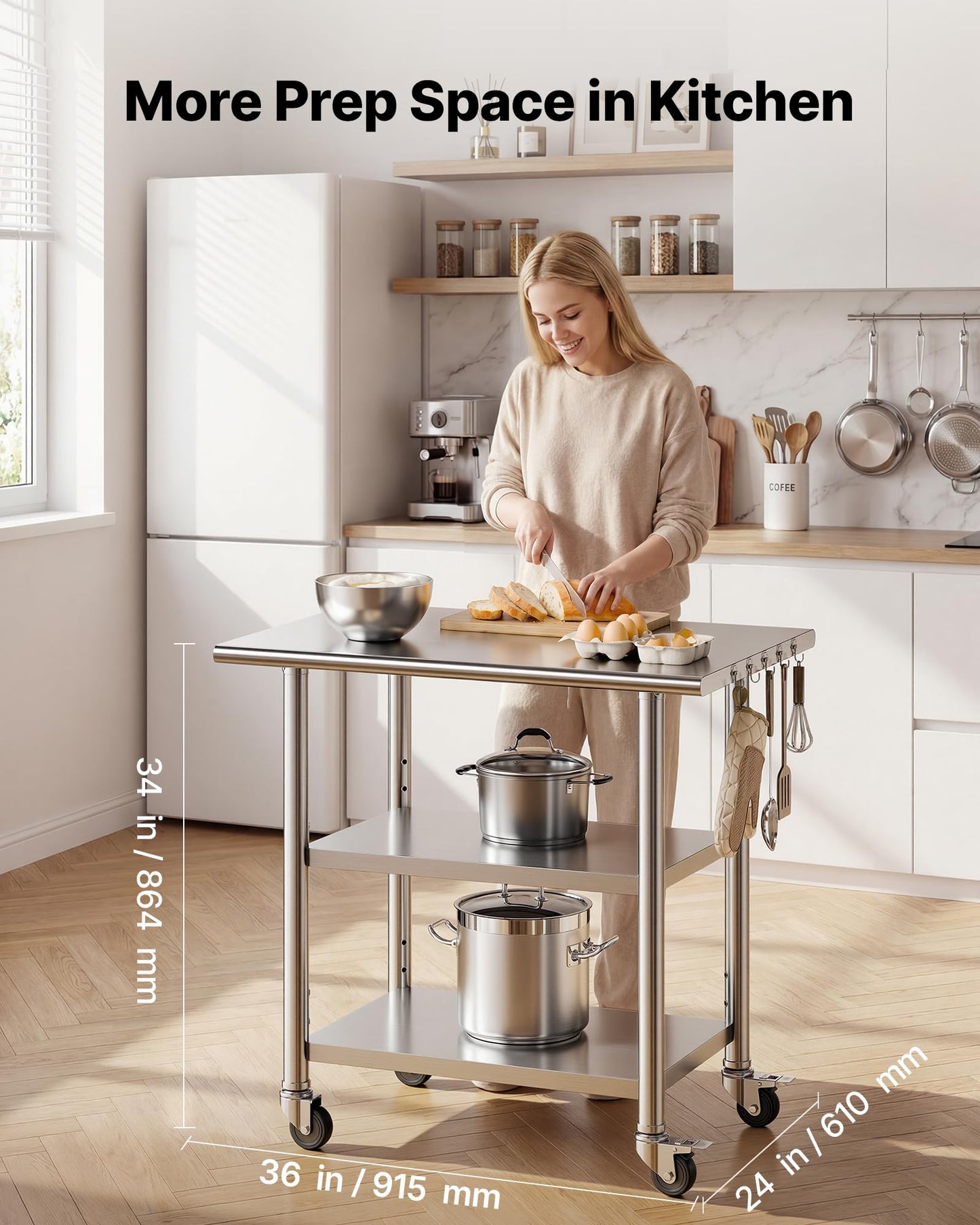 VEVOR Stainless Steel Work Table, 24x36 Inch Food Prep Table with 2 Shelves and Wheels, Commercial Kitchen Workstation, Metal Heavy Duty Utility Worktable, for Restaurant Home Hotel Garage Outdoor