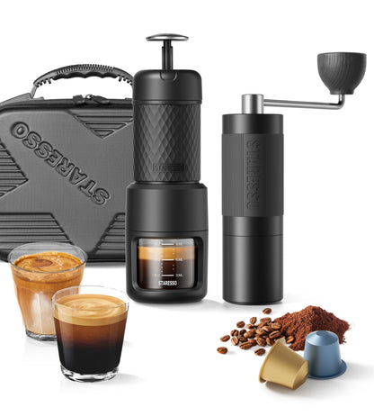 STARESSO 2026 Travel Kit, Portable Espresso Maker & Grinder Set, Dual Use for Ground Coffee & Pods, No Power Needed, Travel Case for Camping Hiking