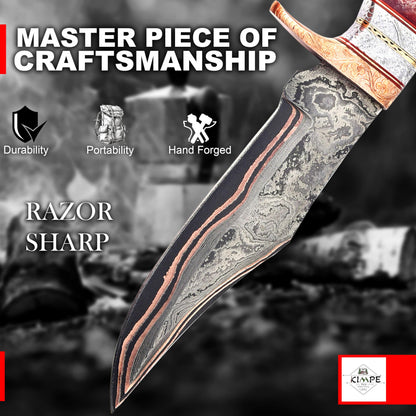 KIMPE Handmade Copper Damascus Hunting Knife – 11.5” Fixed Blade Bushcraft Knife with Engraved Guard, Resin Handle, Full Tang, Leather Sheath – Outdoor Survival, Camping & Gift Knife.