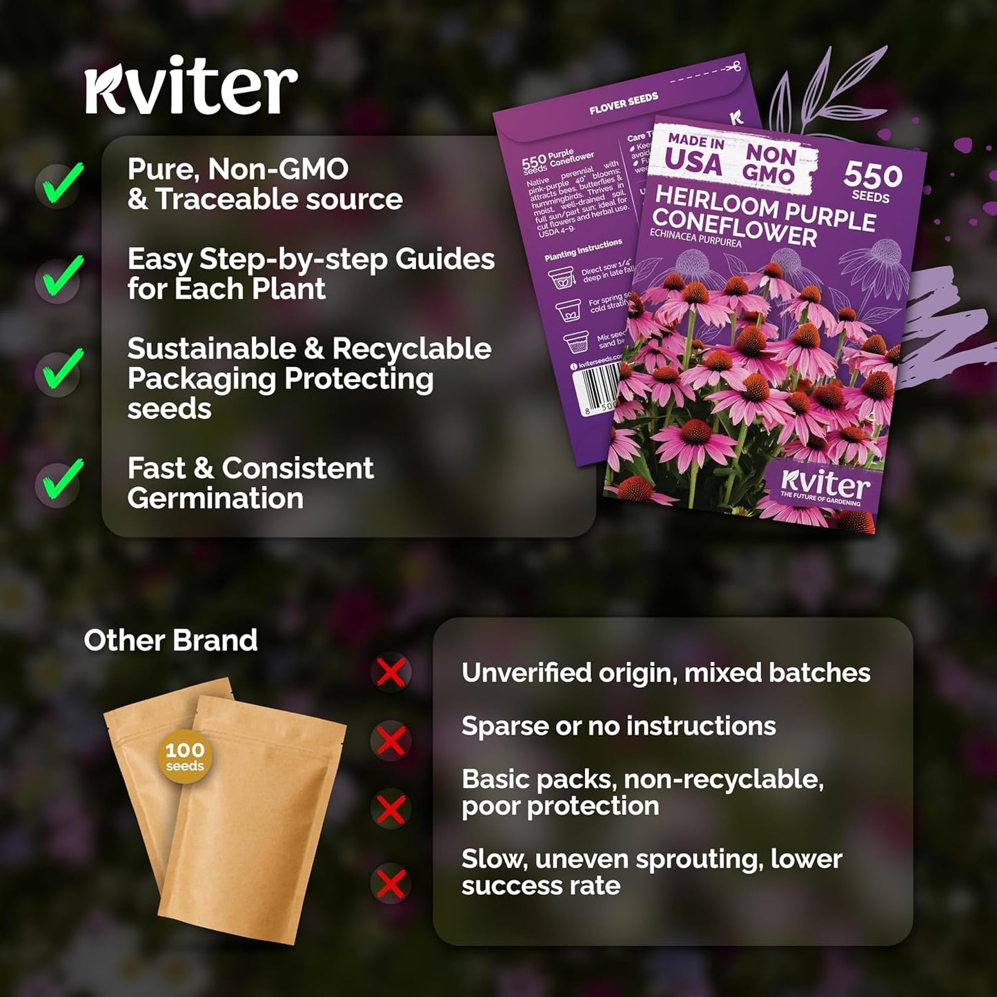 KVITER 550 Purple Coneflower Seeds | Echinacea Purpurea Herb Flower Seeds for Medicinal Gardens - Pollinator-Friendly