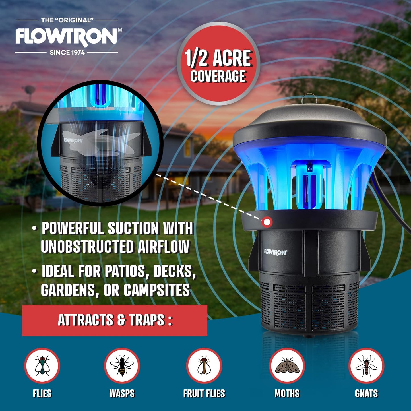 Flowtron Outdoor Bug Trap | UV Light & Powerful Fan Fly Killer with ½ Acre Coverage | Quiet Insect Control & Weather Resistant | Easy Clean Collection Chamber | Patio Deck Yard | ETL Certified