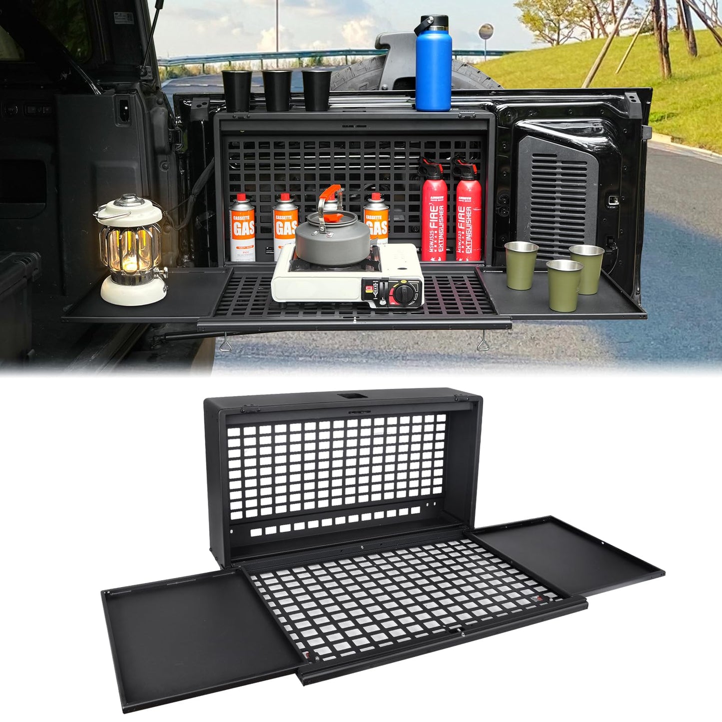 Tailgate Table Molle Panel Compatible with Ford Bronco/Badlands/Big Bend 4 Doors 2021-2025 Foldable Rear Storage Box with Password Lock Cargo Rack Shelf Camping Desk Bin(Not Fit Bronco Sport)
