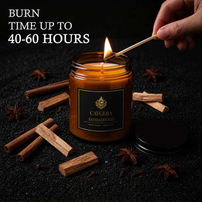 Hand-Poured Candle, Soy Wax Blend Scented Candle, Amber Glass Jar with Lid, Long Burn Time, Small Batch Handmade Home Fragrance Candle for Relaxation & Home Decor (9 Oz, Sandalwood)