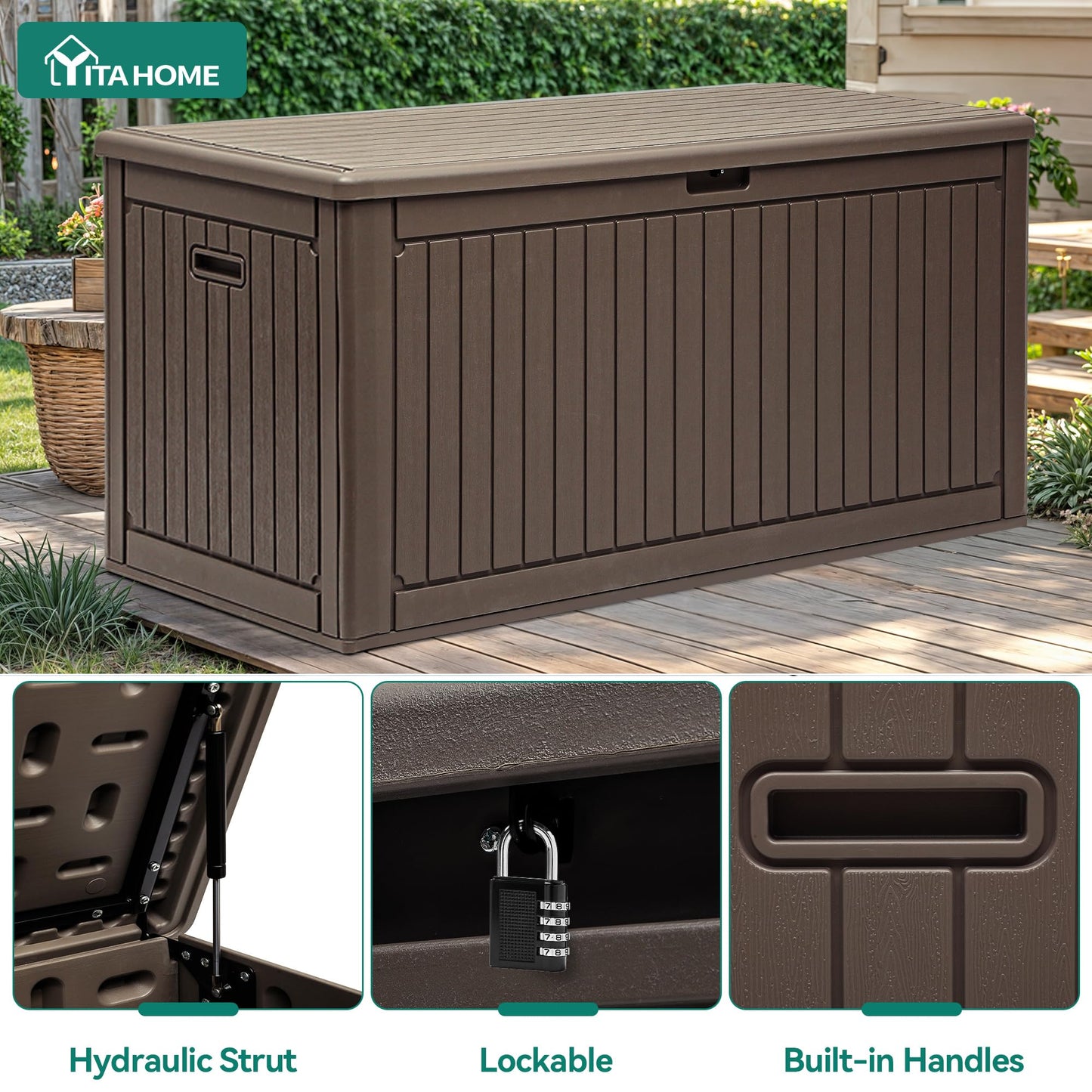 YITAHOME 320 Gallon Extra Large Deck Box, Double-Wall Resin Outdoor Storage Box with Flexible Divider for Patio Cushions Pool Supplies Garden Tools, 1000lbs Load Capacity, Lockable&Waterproof (Brown)