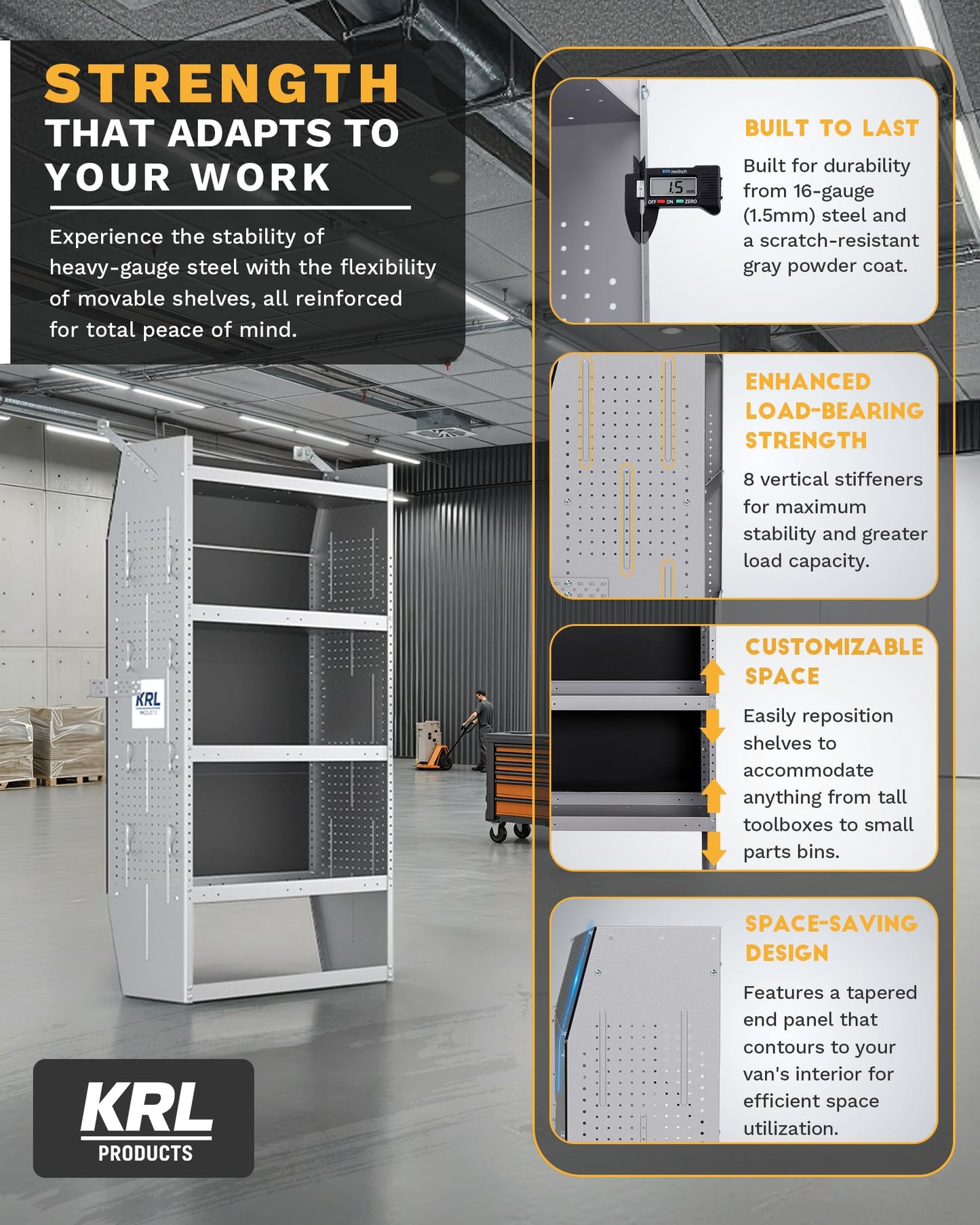 KRL PRODUCTS SV-3260 Steel Mid/High Roof Van Shelving Storage System Fits Transit, NV, Promaster and Sprinter, Van Shelving Units, 32''W * 60''H * 13''D