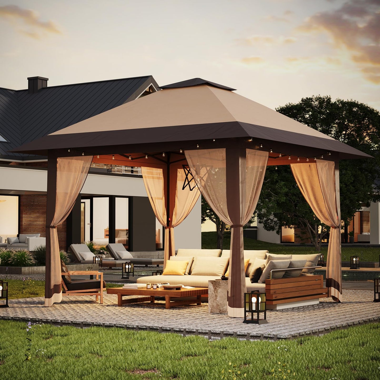 OutdoorVibe 13'x13' Gazebo, Pop Up Patio Gazebo Outdoor Canopy Tent with Double Roof Mosquito Netting & Portable Carry Bag for Backyard Lawn Deck Garden (Khaki)