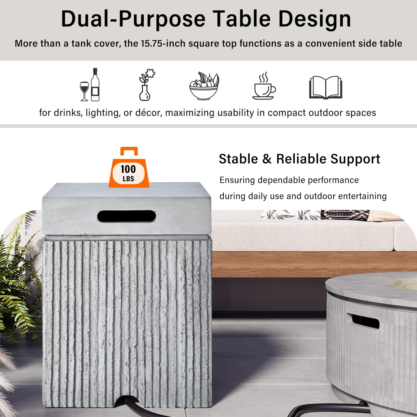 Merax Outdoor 15.7" Propane Tank Cover Table, MGO Square Gas Tank for Fire Pit Table & Gas Grill Patio Furniture, Fluted Tank Container Fits 20 lbs Propane Tank, Patio Side Table w/Handle Slots, Gray