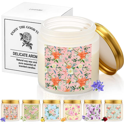 Conelist 6 Pack Scented Candles Gift Set Flowers Soy Wax Candle for Home 3.5 oz 90 Hour Burn, Candle Gifts for Men Women, Scents of Lavender/Rose/Orange/Gardenia/White Tea Orchid