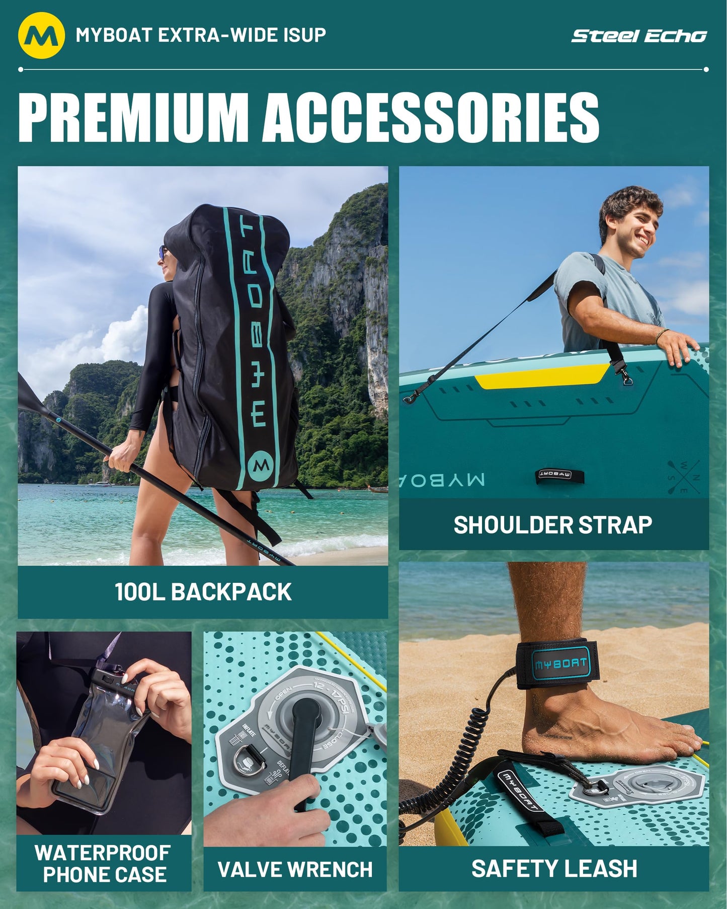 MYBOAT 11'6" Extra Wide Inflatable Paddle Board, 450LB Max Capacity Stable SUP for 2-3 People, Non-Slip Stand Up Board for Beginners & Fishing, Versatile 15 D-Rings, Dual Bungee, 3-Fin Stability