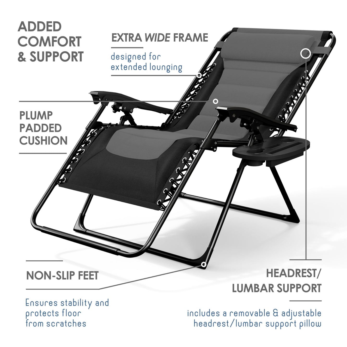 Nestl Outdoor Padded Zero Gravity Chair, Patio Lounge Chair Outdoor Recliner, Oversized Anti Gravity Lounger with Adjustable Headrest and Cup Holder, Foldable for Camping, Yard - Black/Grey