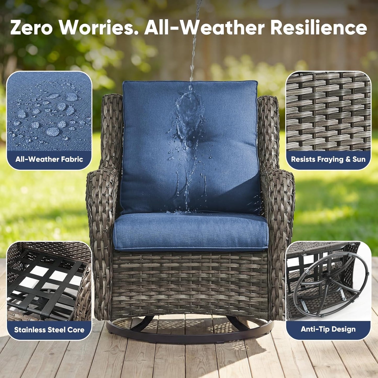 Belord Outdoor Swivel Chairs - Set of 2 All-Weather Wicker Rockers for Patio & Deck - Gray/Blue