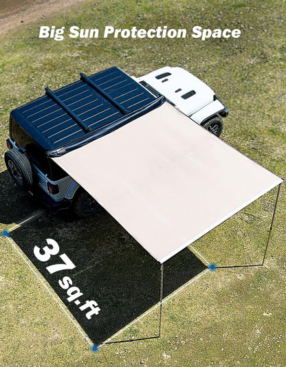 JOYTUTUS Vehicle Awning 4.6'x6.6' Roof Rack Pull-Out Sun Shade UV50+, Weatherproof 4x4 Side Awning for Camping, Car Sunshade with Adjustable Hardware, Quick Set-up, SUV/Truck/Van/Jeep