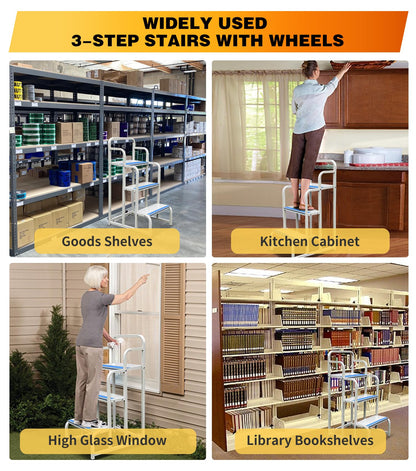3 Step Stairs with Wheels, Industrial & Warehouse 3-Step Rolling Stairs, Non-Slip Rolling Steps with Stair Edge Protector, Easy to Move Rolling Steps with Wheels(19.7W x29.5H, 600LBs Loading).