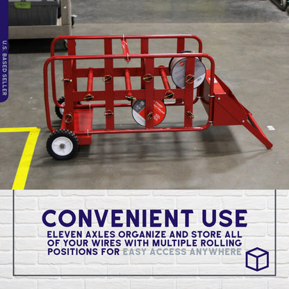 BISupply Electrical Wire Spool Rack - 11 Axle Portable Bulk Cable Reel - 150lb Capacity Wire Caddy Dolly Cart with Storage Tray