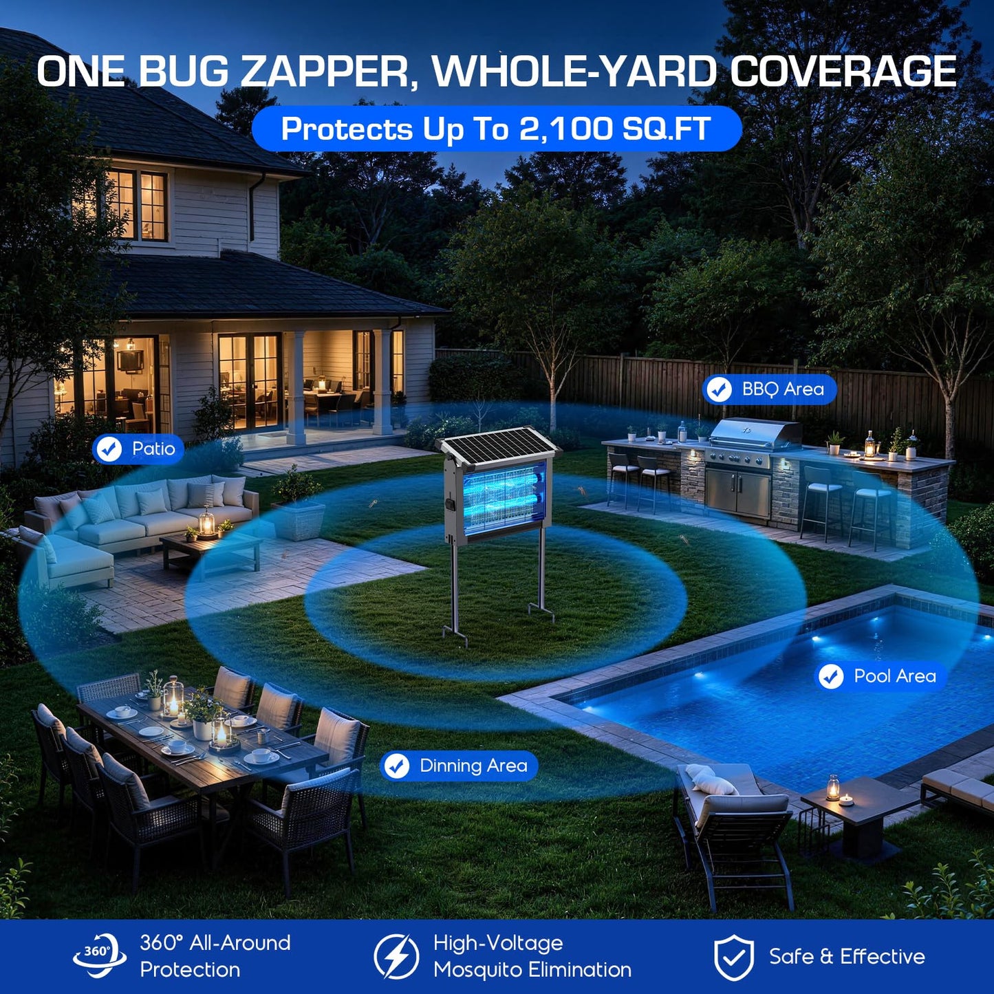 Solar Bug Zapper Outdoor Waterproof, 4500V High Power Cordless Mosquito Zapper with Smart Light Sensor, Dual Solar & USB Rechargeable Insect Killer for Patio, Garden, Backyard, Indoor & Outdoor Use