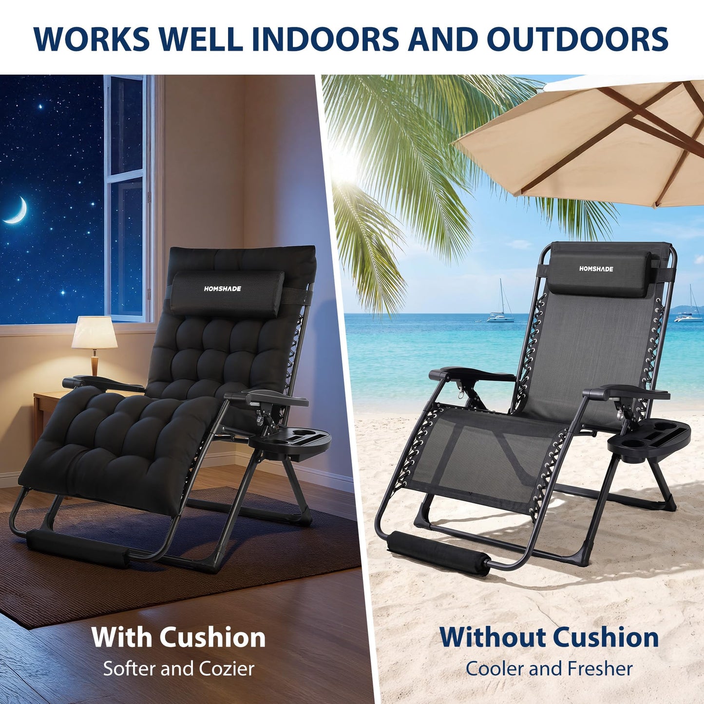 HOMSHADE Oversized Zero Gravity Chair, 33In XXL Outdoor Recliner Chair w/Removable Cushion&Headrest, Reclining Patio Chairs for Indoor, Camping Lounge Chair with Footrest, Support 500LBS, Black