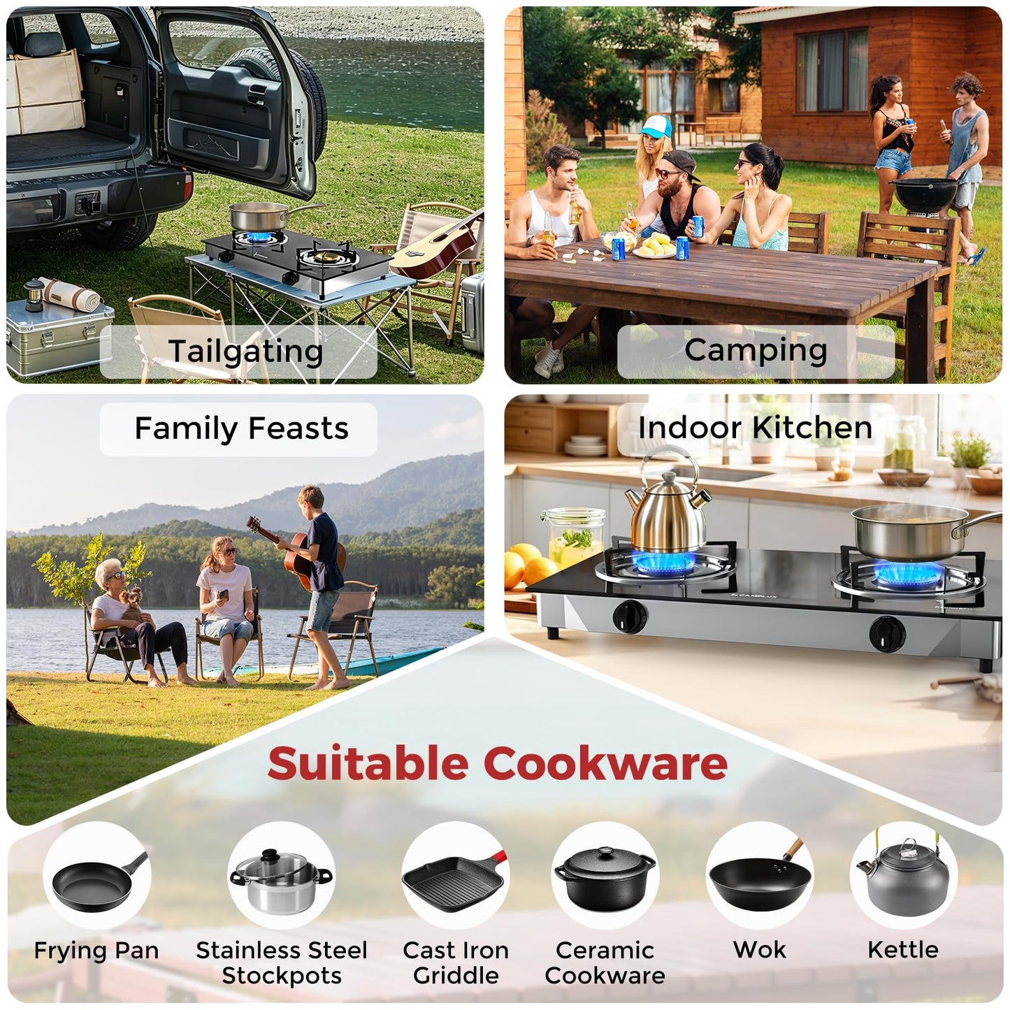 CAMPLUX 2 Burner Propane Stove, LPG Tempered Glass Auto Ignition Double Burner Portable Gas Stove Top, 19,000 BTU Propane Cooktop for Camping, CSA Regulator & Hose Included, estufa de gas portatil