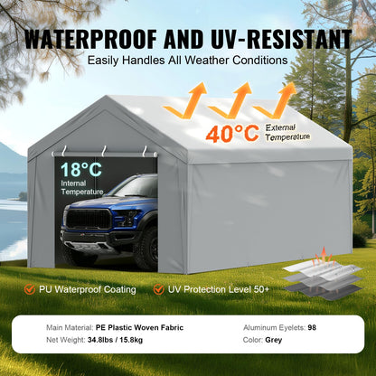 VEVOR Carport Replacement Canopy Cover Top + Side Wall 12 x 20 ft, Garage Tent Shelter Tarp Heavy-Duty Waterproof & UV Protected, Easy Installation with Ball Bungees,Grey (Frame Not Included)