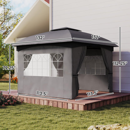 Outsunny 11' x 11' Outdoor Gazebo, Arc Patio Gazebo Canopy Shelter, UV Protected, with Curtains, Church Windows, Double Roof, Galvanized Steel Frame for Lawn, Backyard and Deck, Dark Gray