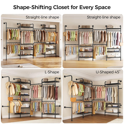 Closet Organizers and Storage, 4-Row Heavy Duty Clothes Rack for Hanging Clothes, Wall Mounted Closet System with 4 Telescopic Rods, 2 Fixed Rods, 5 Hooks, 8 Shelves for Wardrobe, Bedroom, Small Space