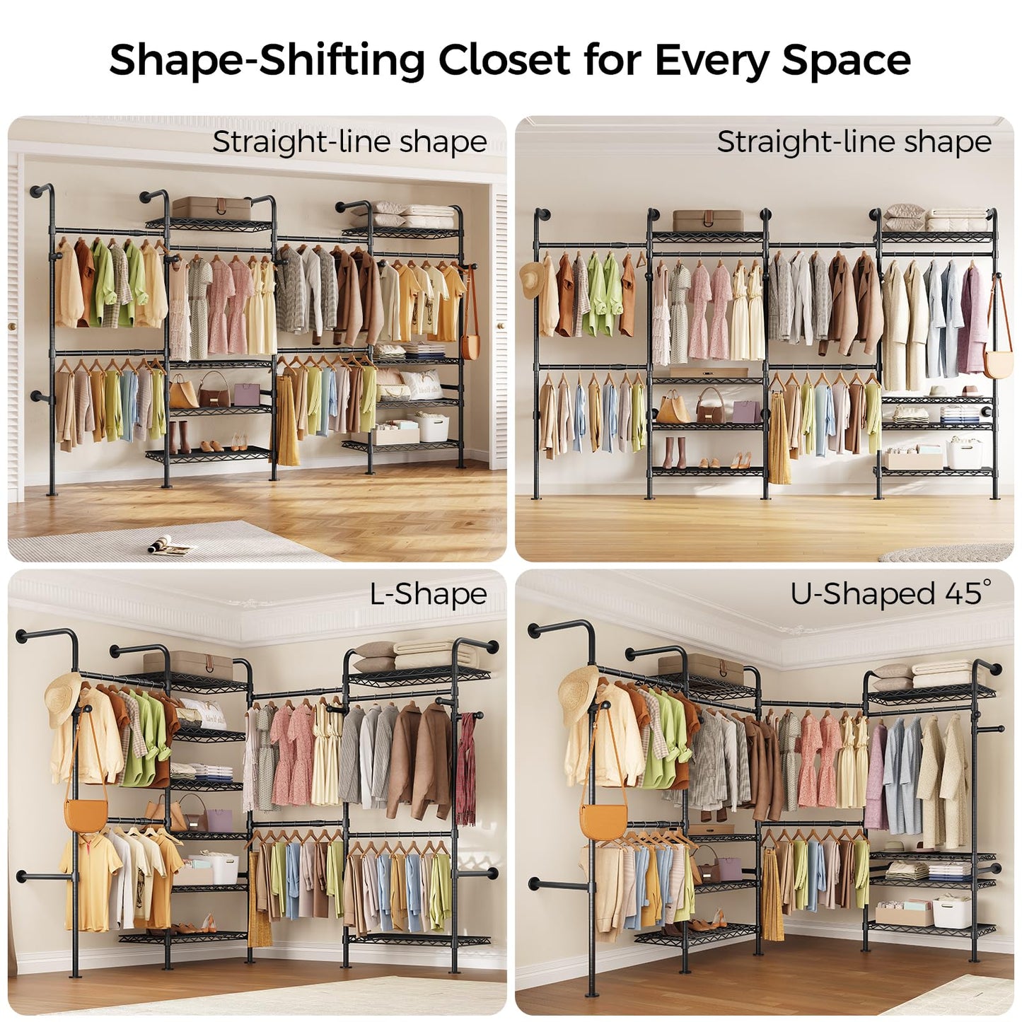 Closet Organizers and Storage, 4-Row Heavy Duty Clothes Rack for Hanging Clothes, Wall Mounted Closet System with 4 Telescopic Rods, 2 Fixed Rods, 5 Hooks, 8 Shelves for Wardrobe, Bedroom, Small Space