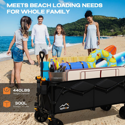 Uyittour 300L Extra Large Collapsible Foldable Wagon, 440lbs Load Capacity 48''L Extended Heavy Duty Folding Beach Wagon with Big All-Terrain Wheels, Utility Garden Cart for Outdoor Activities, Black