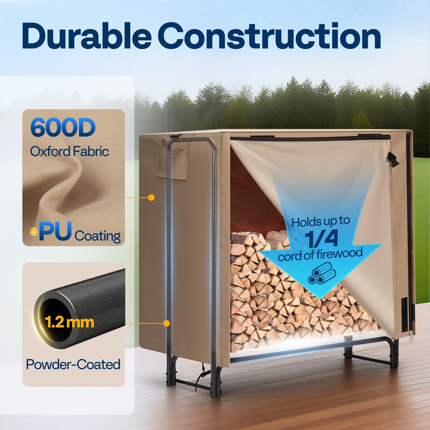 VIVOHOME 4 ft Heavy Duty Firewood Rack Outdoor with Cover, Brown Firewood Log Cart Carrier with Rubber Wheels and 600D Oxford Cloth, 250 LB Capacity Heavy Duty Steel Dolly Hauler