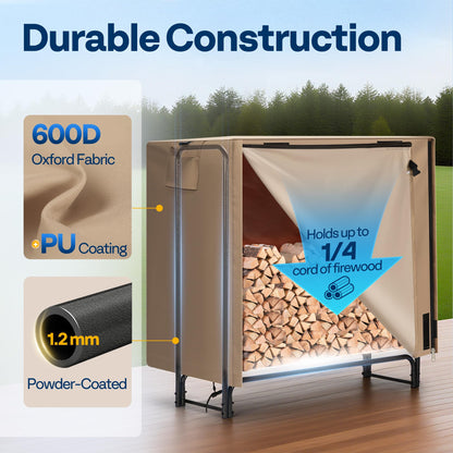VIVOHOME 4 ft Heavy Duty Firewood Rack Outdoor with Cover, Brown Firewood Log Cart Carrier with Rubber Wheels and 600D Oxford Cloth, 250 LB Capacity Heavy Duty Steel Dolly Hauler