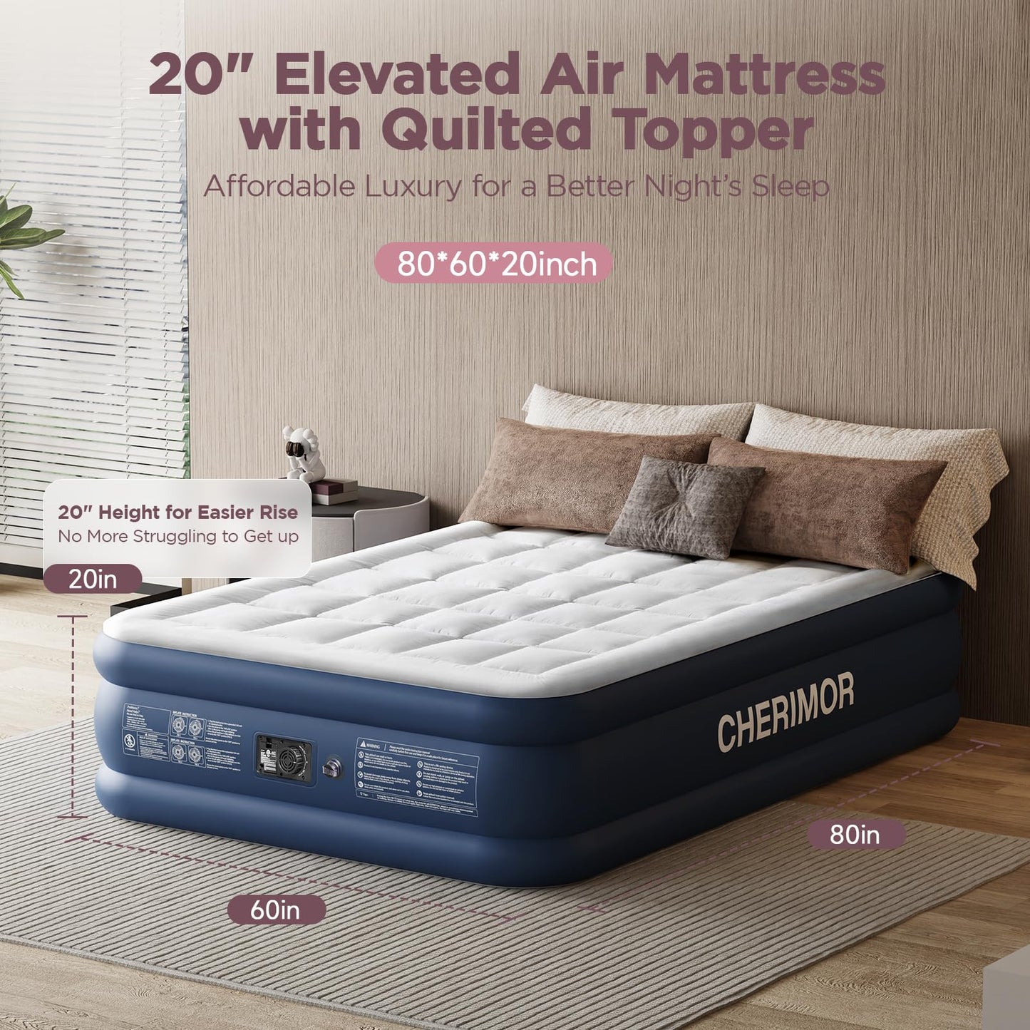 CHERIMOR Queen Air Mattress with Built-in Pump & Luxury Quilted Topper (Washable&Detachable), 20" Raised Comfort, 800lb Support, 4.5 Min Fast Inflate, Blow up Mattress for Guest Camping & Home