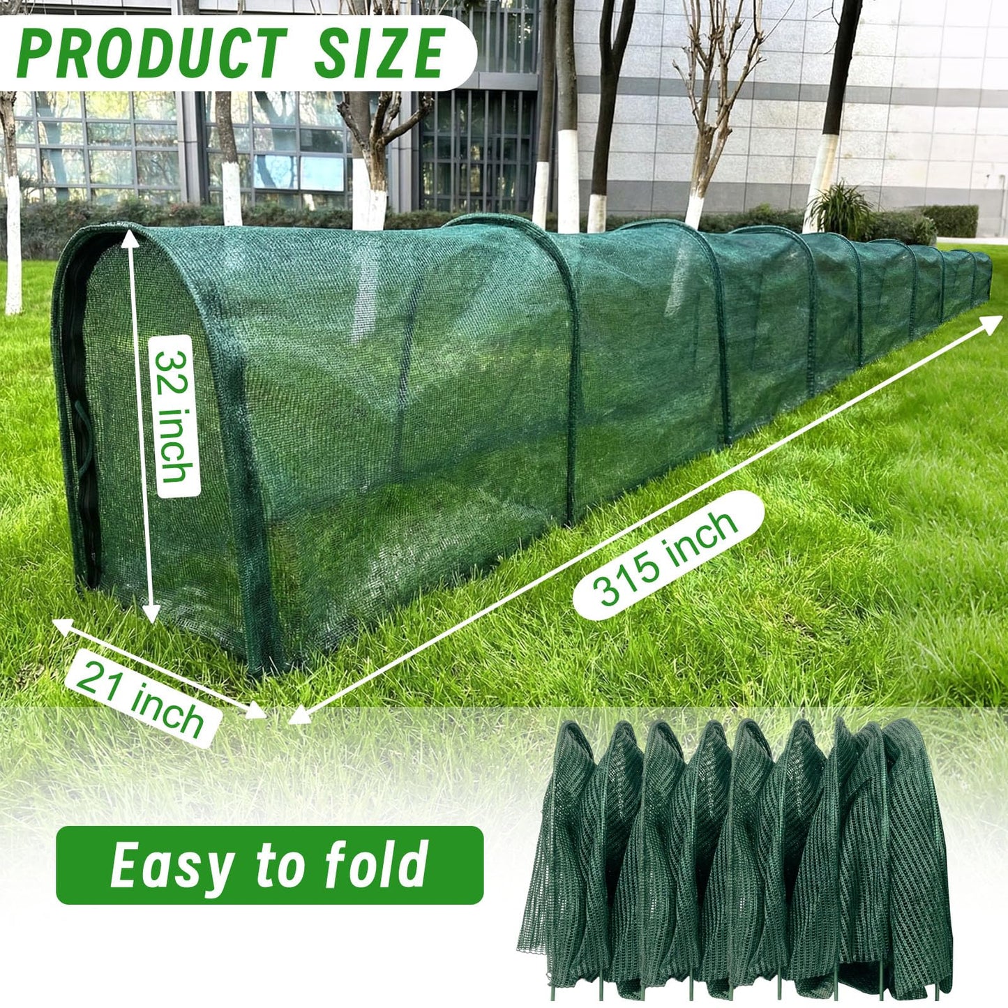 Chicken Runs for Yard,79" & 157" Extra Long Foldable Chicken Tunnels for Outside,All-in-One Kit with Sun Protection Net, Removable Door, Frame & Tools (Green, 315 * 21 * 32 inches)