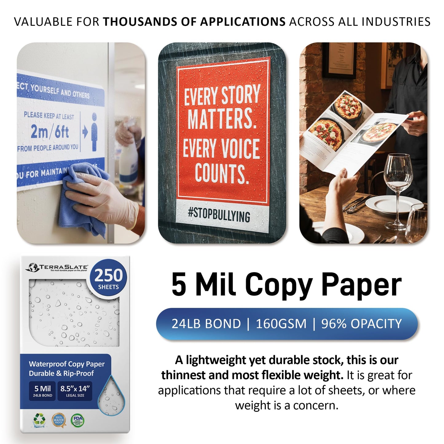 TerraSlate Waterproof Laser Printer Paper, 5 MIL 8.5" x 14", White, 250 Sheets I Rain/Weather/Rip-Proof Printing Paper