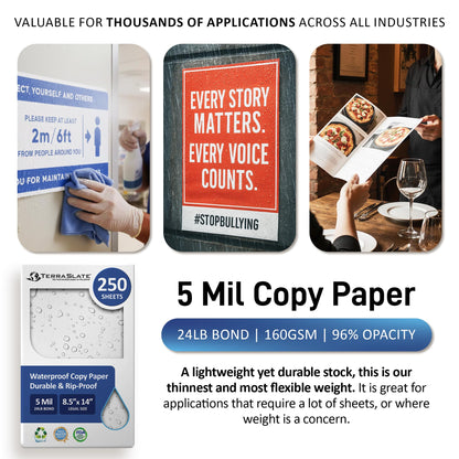 TerraSlate Waterproof Laser Printer Paper, 5 MIL 8.5" x 14", White, 250 Sheets I Rain/Weather/Rip-Proof Printing Paper