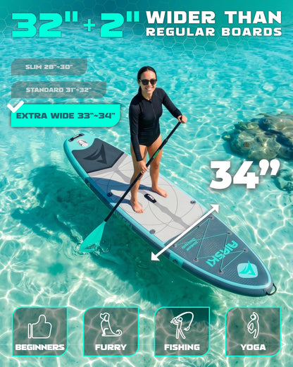 Airski 11'x34'' Extra Wide Inflatable Paddle Board, Stand-up Paddleboard for Adults, 420lb Capacity, Anti-Slip EVA, Stand-up Paddle Board for Yoga/Fishing/Family, US Fin, High-Pressure Pump, 100L Bag
