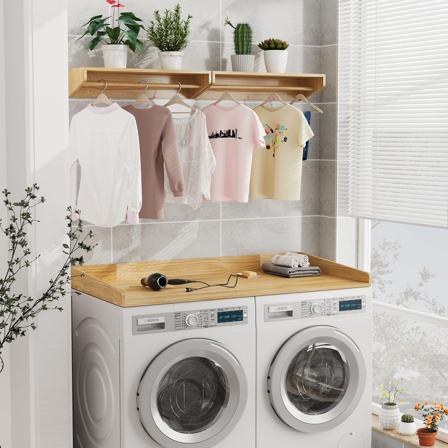 YEMNMFH Solid Wood Washer Dryer Countertop & Wall Mounted Clothes Rack - 2-in-1 Laundry Room Organization and Storage, Floating Garment Shelf with Hanging Rod, Washer Dryer Topper with Anti-Slip Pads