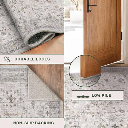 Hazo Haus Floral Hallway Runner - Light Gray & Taupe, Washable Non-Slip Rug for Kitchen & Bathroom