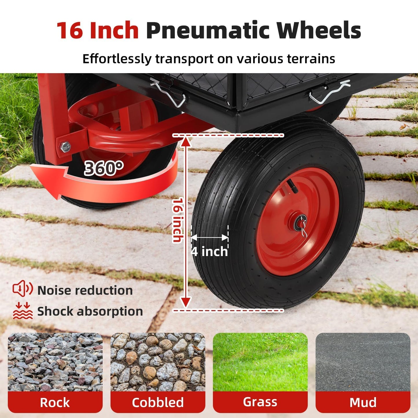 GarveeHome 1400Lbs Heavy Duty Steel Garden Cart, Garden Wagon Cart on Wheels, Metal Yard Utility Wagon with Removable Mesh Sides, 2-in-1 180° Rotating Handle and 16 Inch Wheels for Garden, Farm, Yard