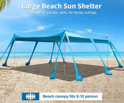 VVBE Beach Tent Sun Shelter 13x10FT, UPF50+ Outdoor Shade Canopy with 10 Sandbags, Sand Shovel, Ground Pegs & Stability Poles, Portable Beach Tent for Camping Fishing Picnics Travel