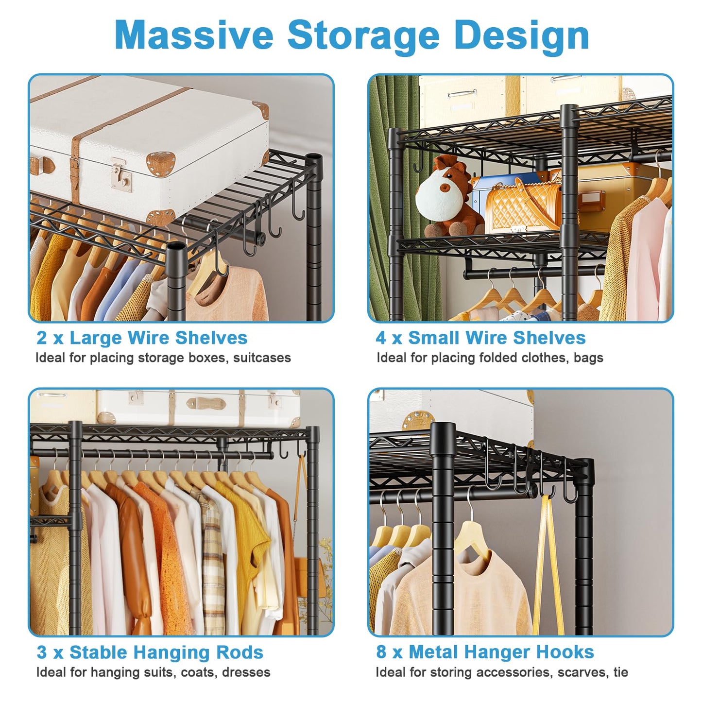 Ulif F7 Medium Garment Rack, Heavy Duty Clothes Rack, Clothing Racks for Hanging Clothes, 6-Tiers Freestanding Portable Closet Storage Rack 45'' W × 14.6'' D × 76.6'' H, Max Load 750 Lbs, Black