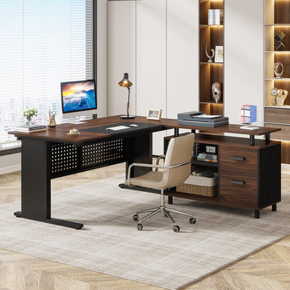Tribesigns 63 Inch Executive Desk with File Cabinet, Large Office Desk L Shaped Computer Desk with Drawers and Storage Shelves, Business Furniture Desk for Home Office, Dark Walnut and Black