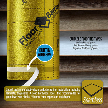 Premium Floor Underlayment with Moisture Barrier – 200 sq ft Roll, 3mm Thick – Quiets Foot Traffic Noise, Under Floor Insulation for Hardwood, Laminate, & Vinyl Plank Flooring (2 Pack)
