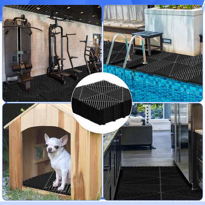 Barydat 72 Pcs 12'' x 12'' Garage Floor Tiles, Interlocking Drainage Flooring, Heavy Duty Non Slip Polypropylene, Easy Install for Garage Deck, Pool, Patio, Shower (Black)
