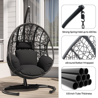 KEIKI Hanging Egg Chair with Stand Outdoor, 400LBS Capacity Patio Swing Chair with Cushion, Weatherproof PE Rattan Hammock Chair for Bedroom Balcony Garden, Waterproof Cover Included, Grey